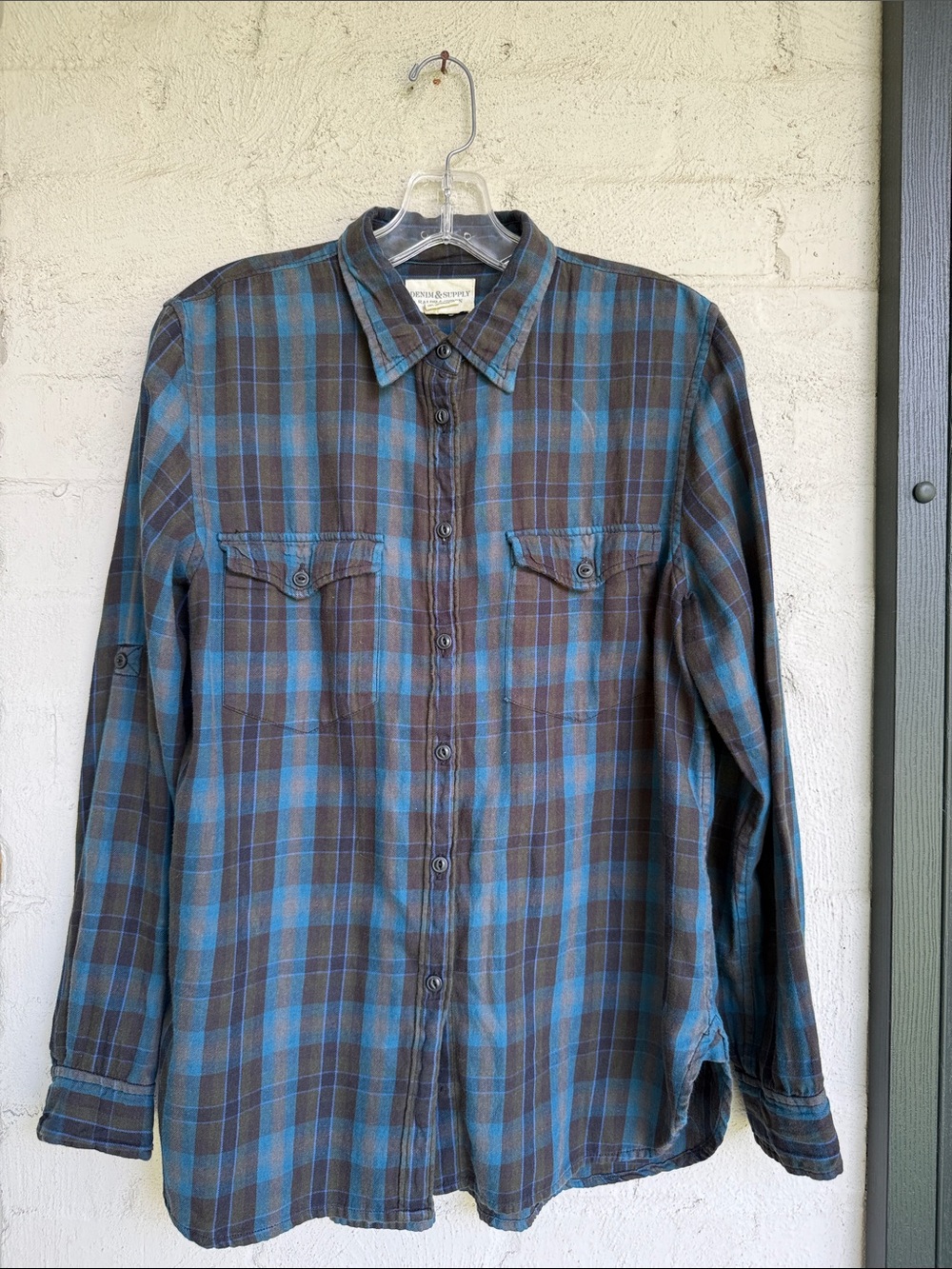 Denim & Supply x Ralph Lauren Blue/Brown Plaid Cotton Flannel Shirt Size Medium - Picture 4 of 11